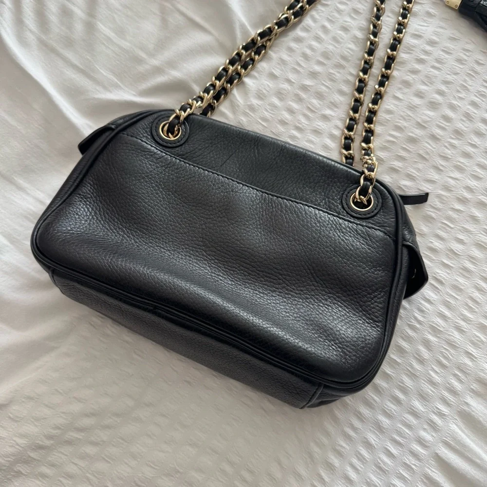 Tory Burch Thea Black Leather Crossbody Bag with Chain Strap and tassel